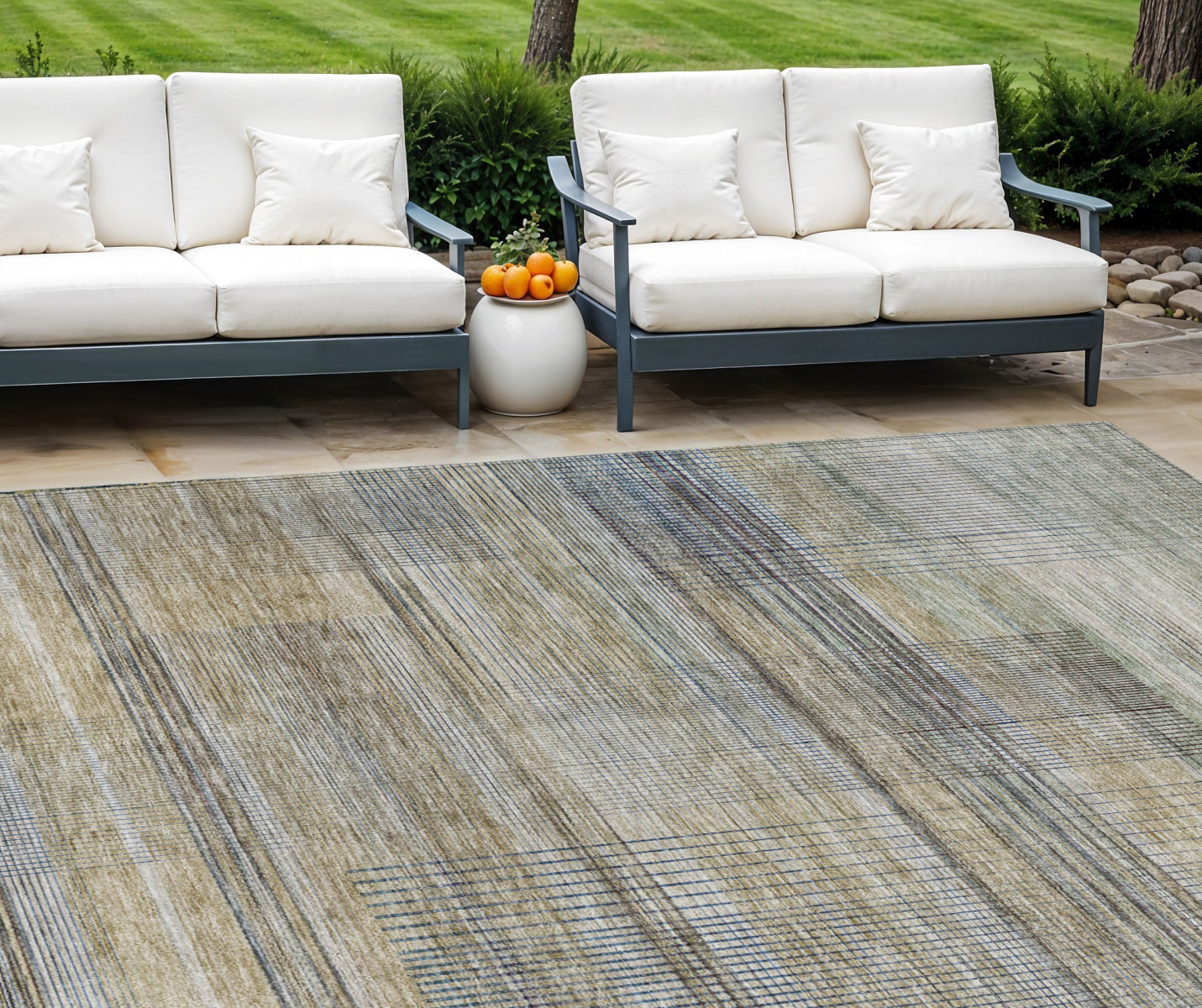 9' X 12' Khaki Tan And Beige Striped Washable Indoor Outdoor Area Rug
