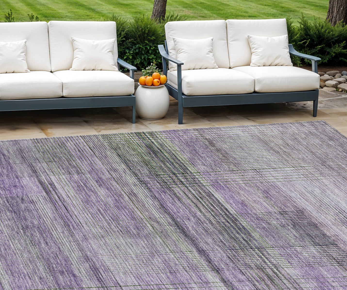 9' X 12' Purple Lavender And Gray Striped Washable Indoor Outdoor Area Rug