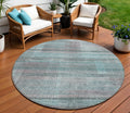 8' Teal Blue Gray And Charcoal Round Striped Washable Indoor Outdoor Area Rug