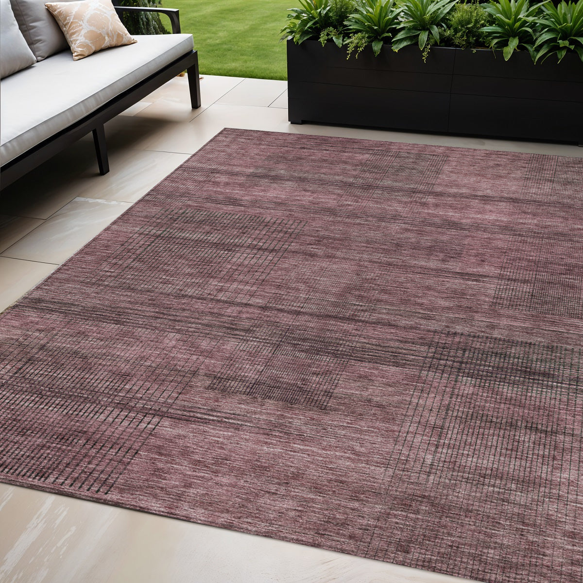5' X 8' Merlot And Gray Striped Washable Indoor Outdoor Area Rug