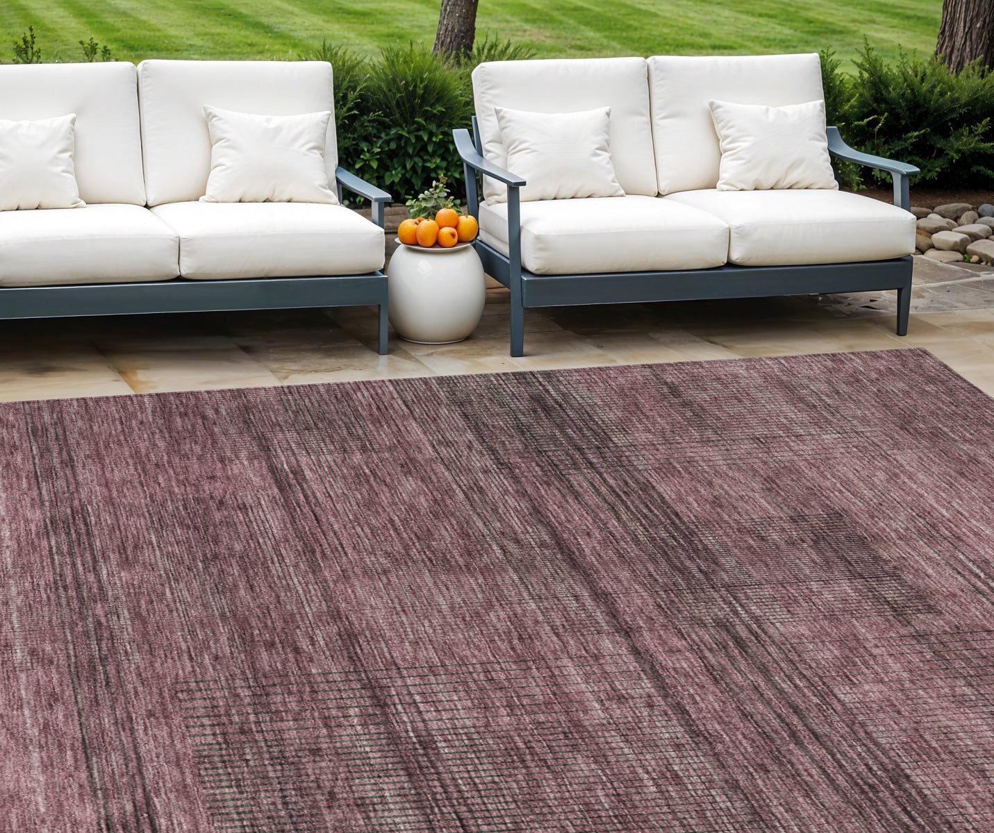 10' X 14' Merlot And Gray Striped Washable Indoor Outdoor Area Rug