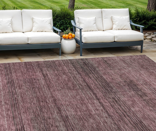 10' X 14' Merlot And Gray Striped Washable Indoor Outdoor Area Rug