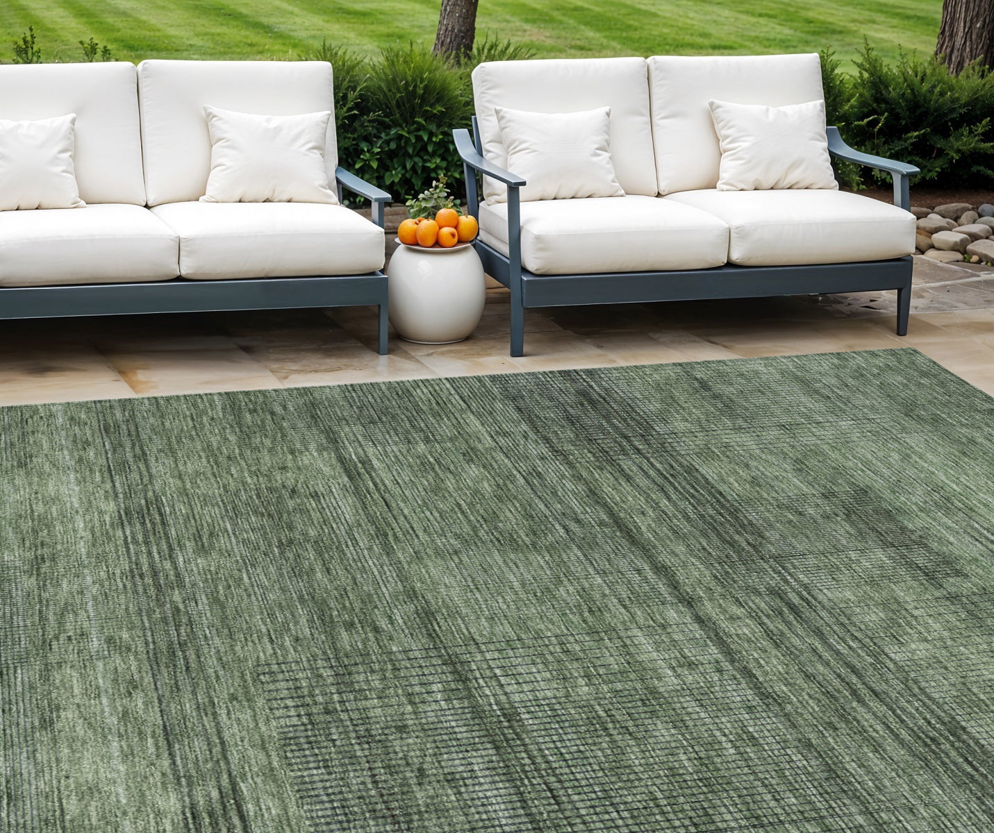 9' X 12' Olive Green And Gray Striped Washable Indoor Outdoor Area Rug