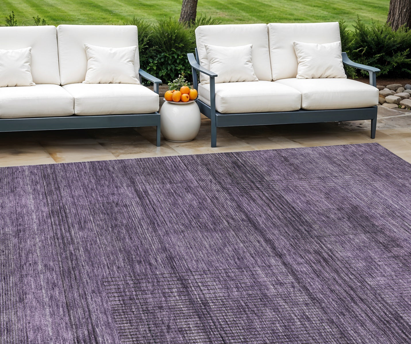 9' X 12' Plum Purple And Gray Striped Washable Indoor Outdoor Area Rug