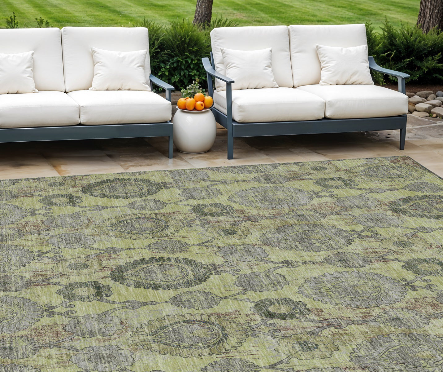 10' X 14' Artichoke Green And Gray Damask Washable Indoor Outdoor Area Rug