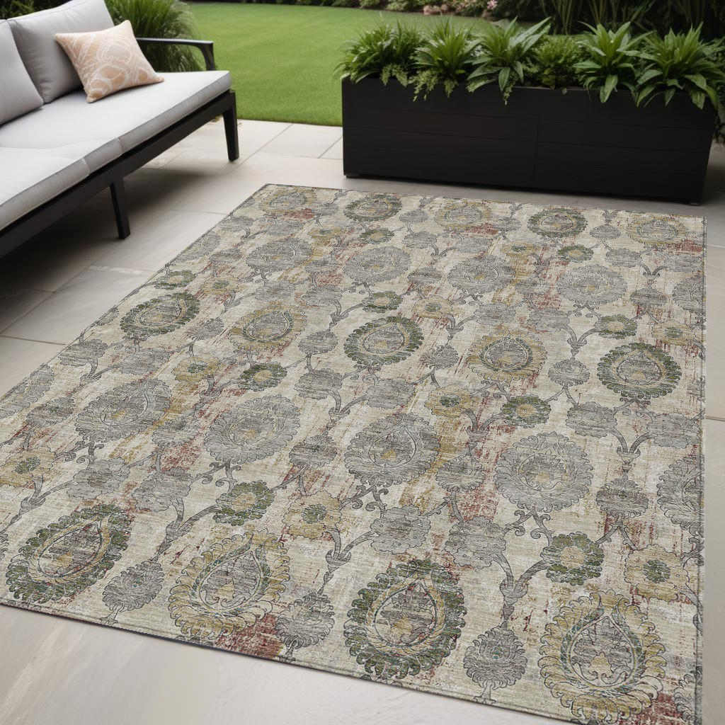 5' X 8' Beige Taupe And Green Damask Washable Indoor Outdoor Area Rug