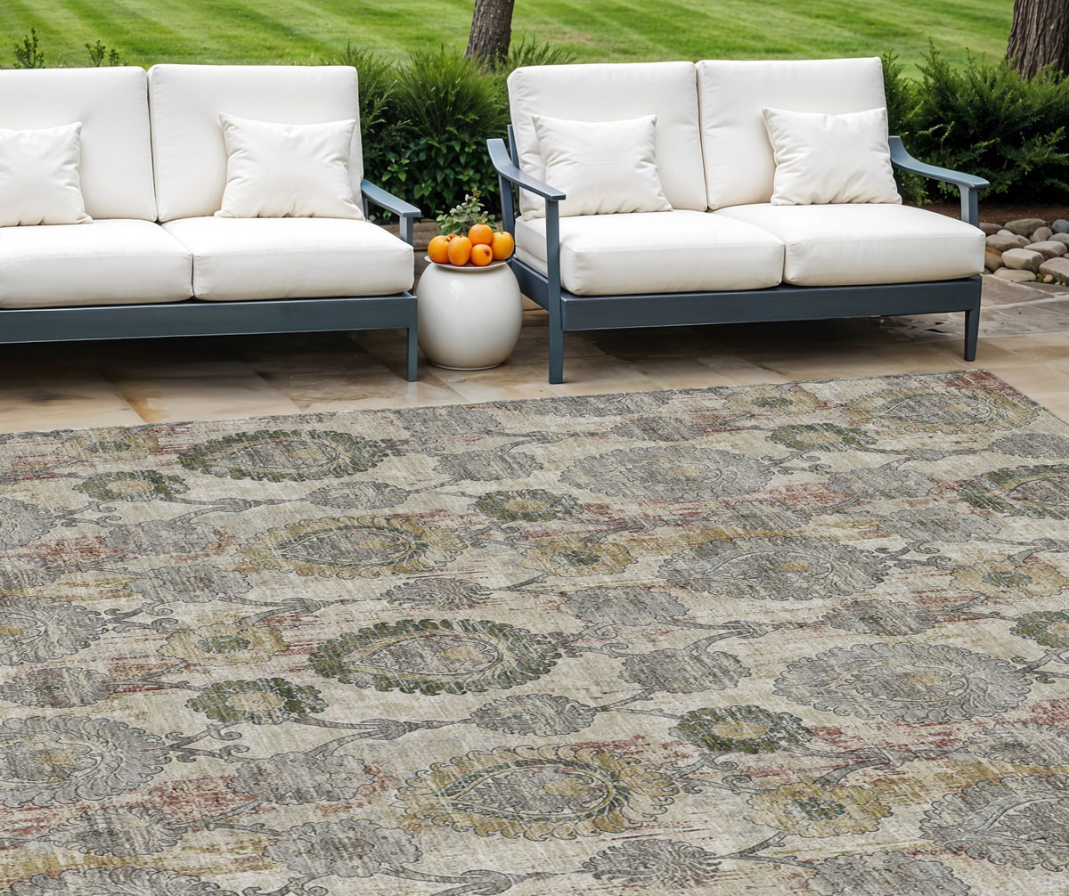 9' X 12' Beige Taupe And Green Damask Washable Indoor Outdoor Area Rug