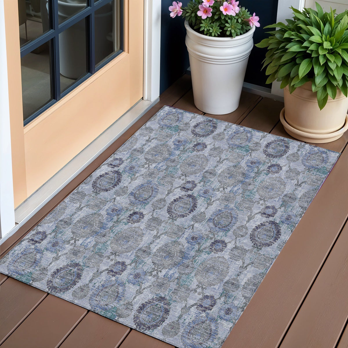 3' X 5' Navy Blue And Sky Blue Damask Washable Indoor Outdoor Area Rug