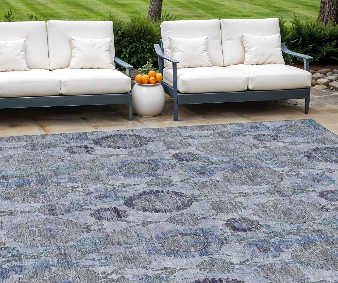 10' X 14' Navy Blue And Sky Blue Damask Washable Indoor Outdoor Area Rug
