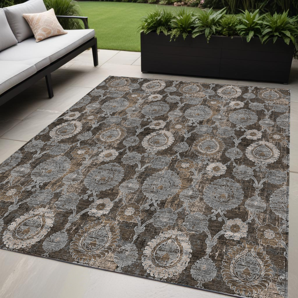 5' X 8' Brown And Beige Damask Washable Indoor Outdoor Area Rug