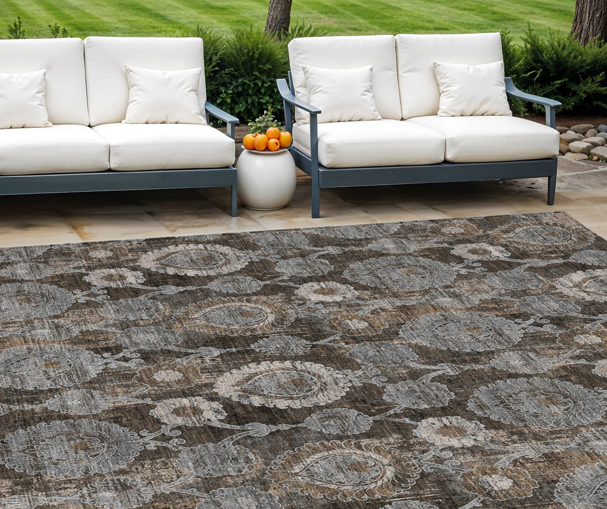 9' X 12' Brown And Beige Damask Washable Indoor Outdoor Area Rug