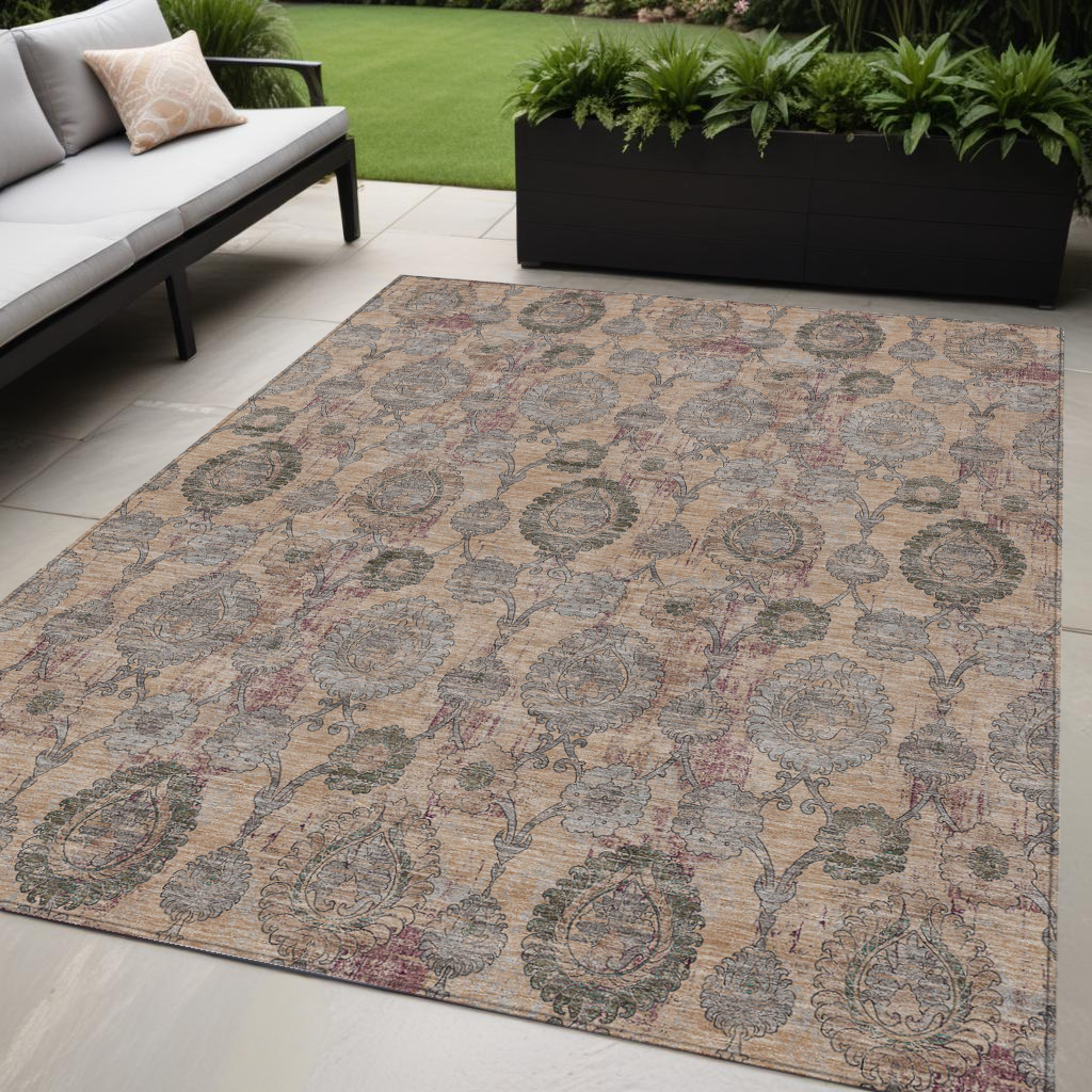 5' X 8' Coral Gray And Green Damask Washable Indoor Outdoor Area Rug