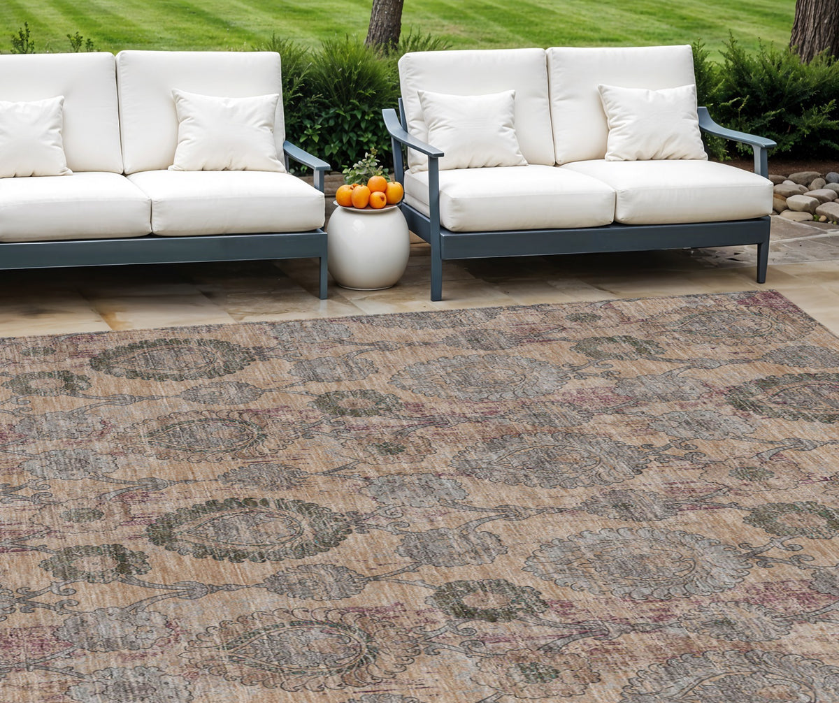 9' X 12' Coral Gray And Green Damask Washable Indoor Outdoor Area Rug