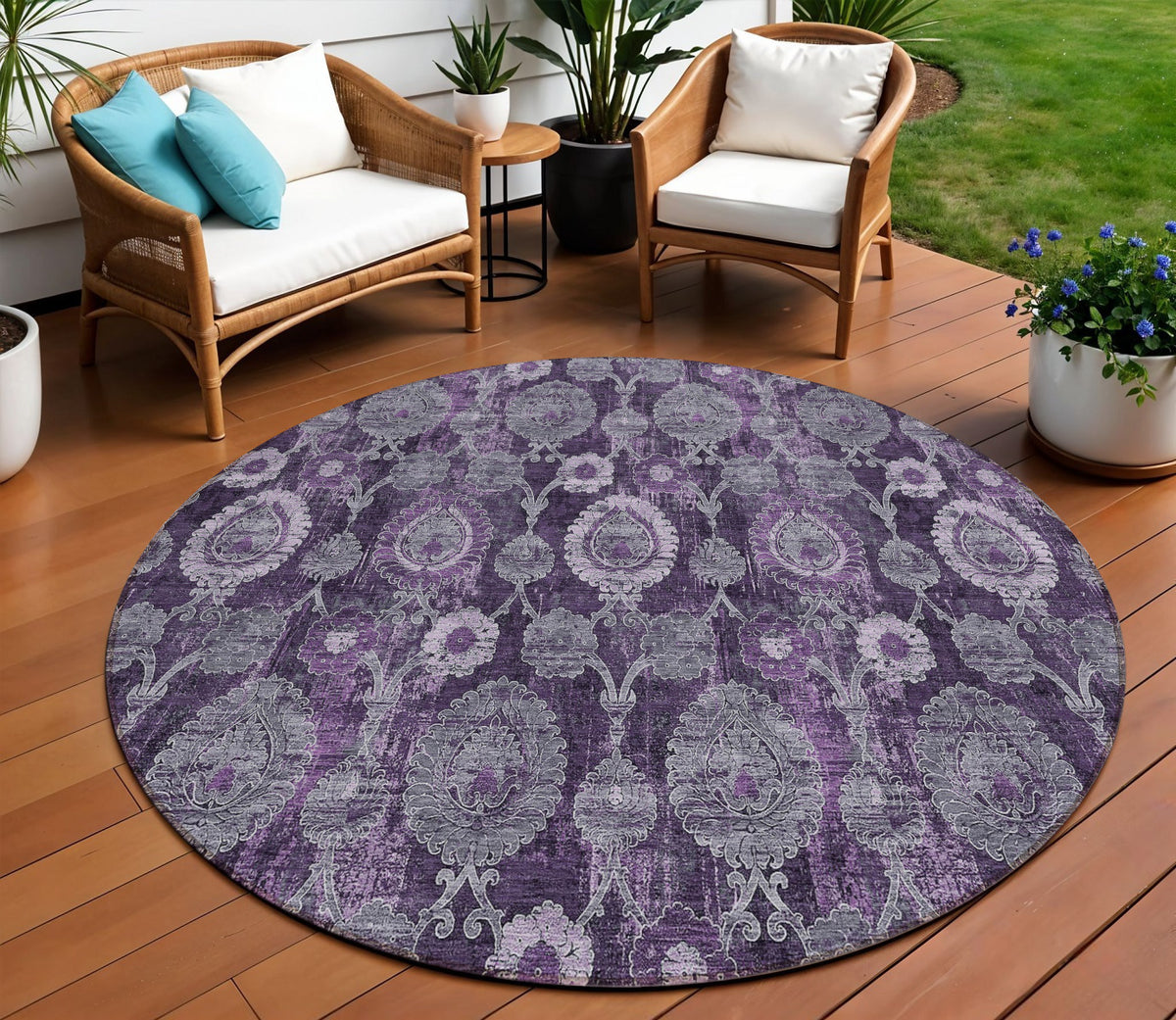 8' Eggplant Purple And Lavender Round Damask Washable Indoor Outdoor Area Rug