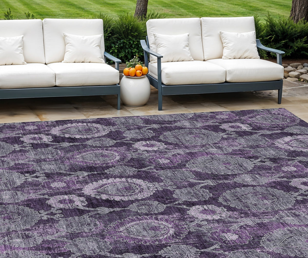 10' X 14' Eggplant Purple And Lavender Damask Washable Indoor Outdoor Area Rug