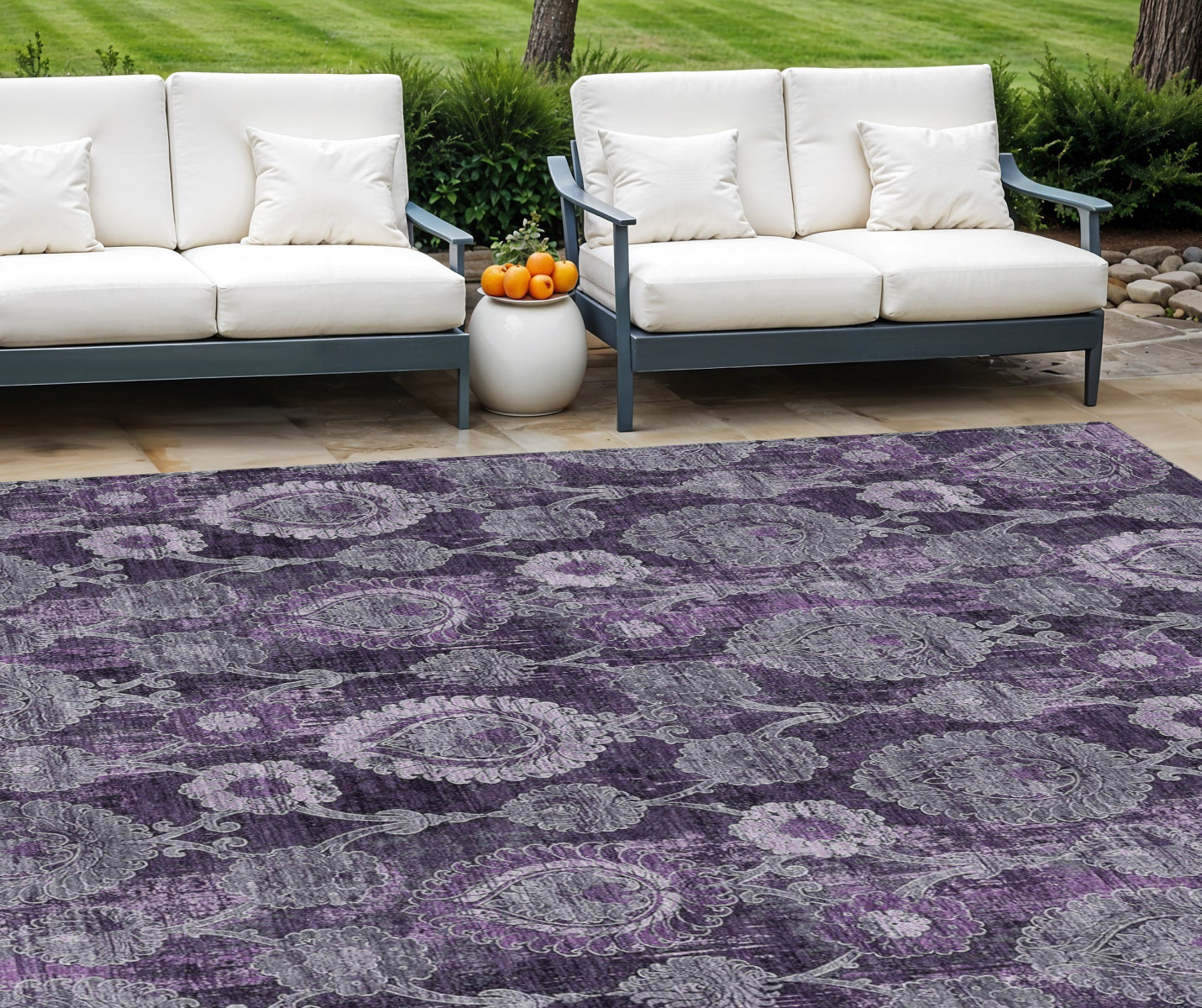 10' X 14' Eggplant Purple And Lavender Damask Washable Indoor Outdoor Area Rug
