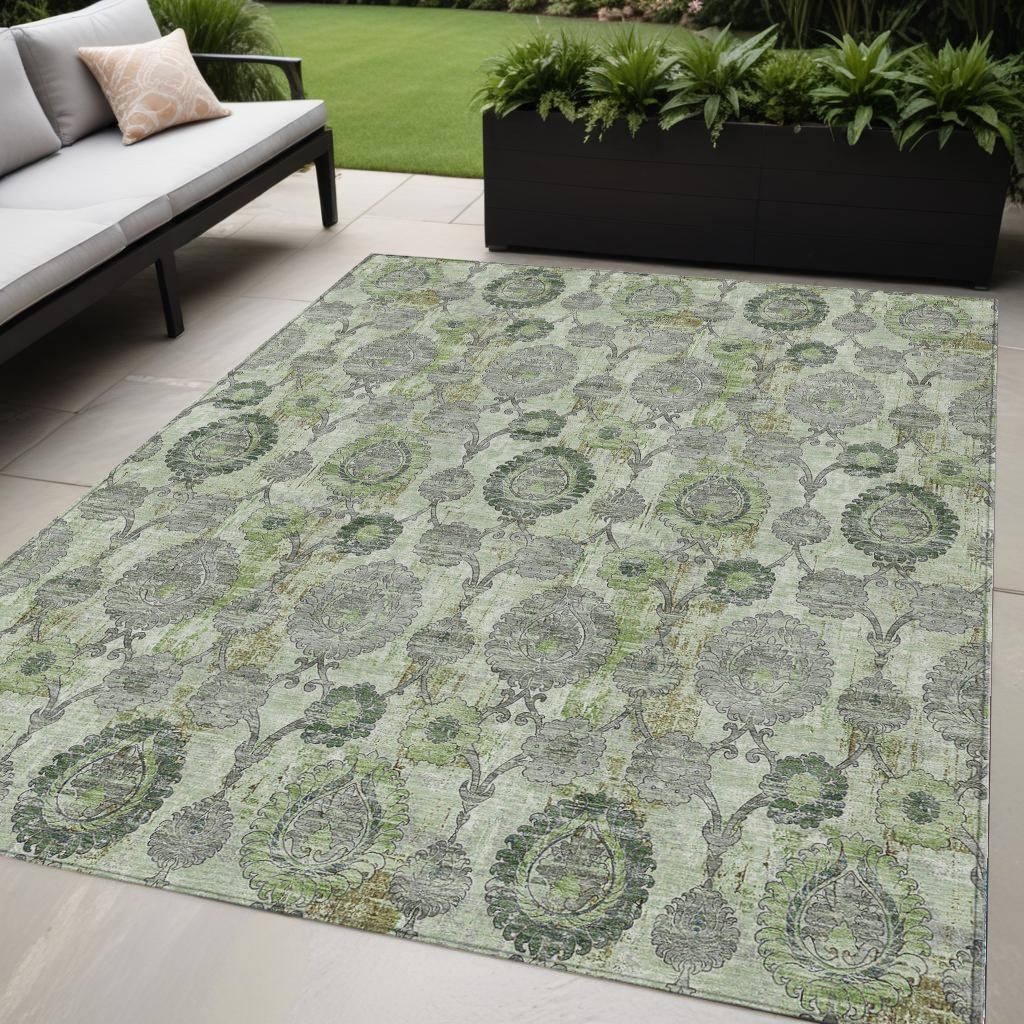 5' X 8' Artichoke Green And Fern Green Damask Washable Indoor Outdoor Area Rug