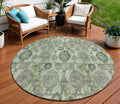 8' Artichoke Green And Fern Green Round Damask Washable Indoor Outdoor Area Rug