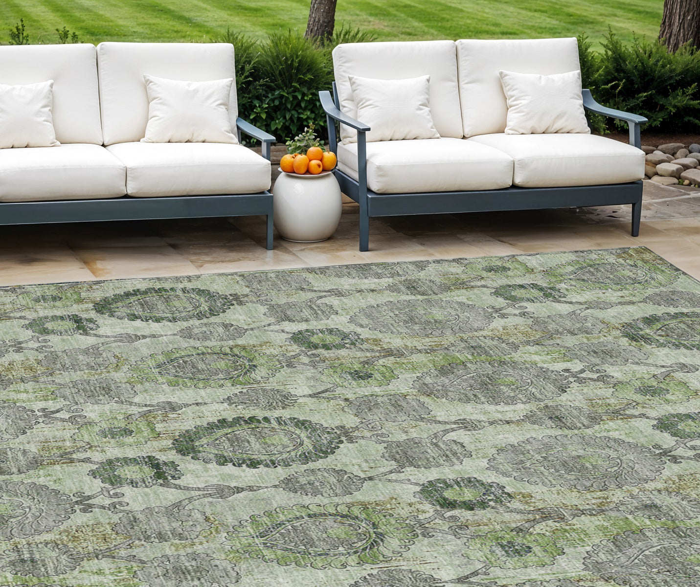 9' X 12' Artichoke Green And Fern Green Damask Washable Indoor Outdoor Area Rug