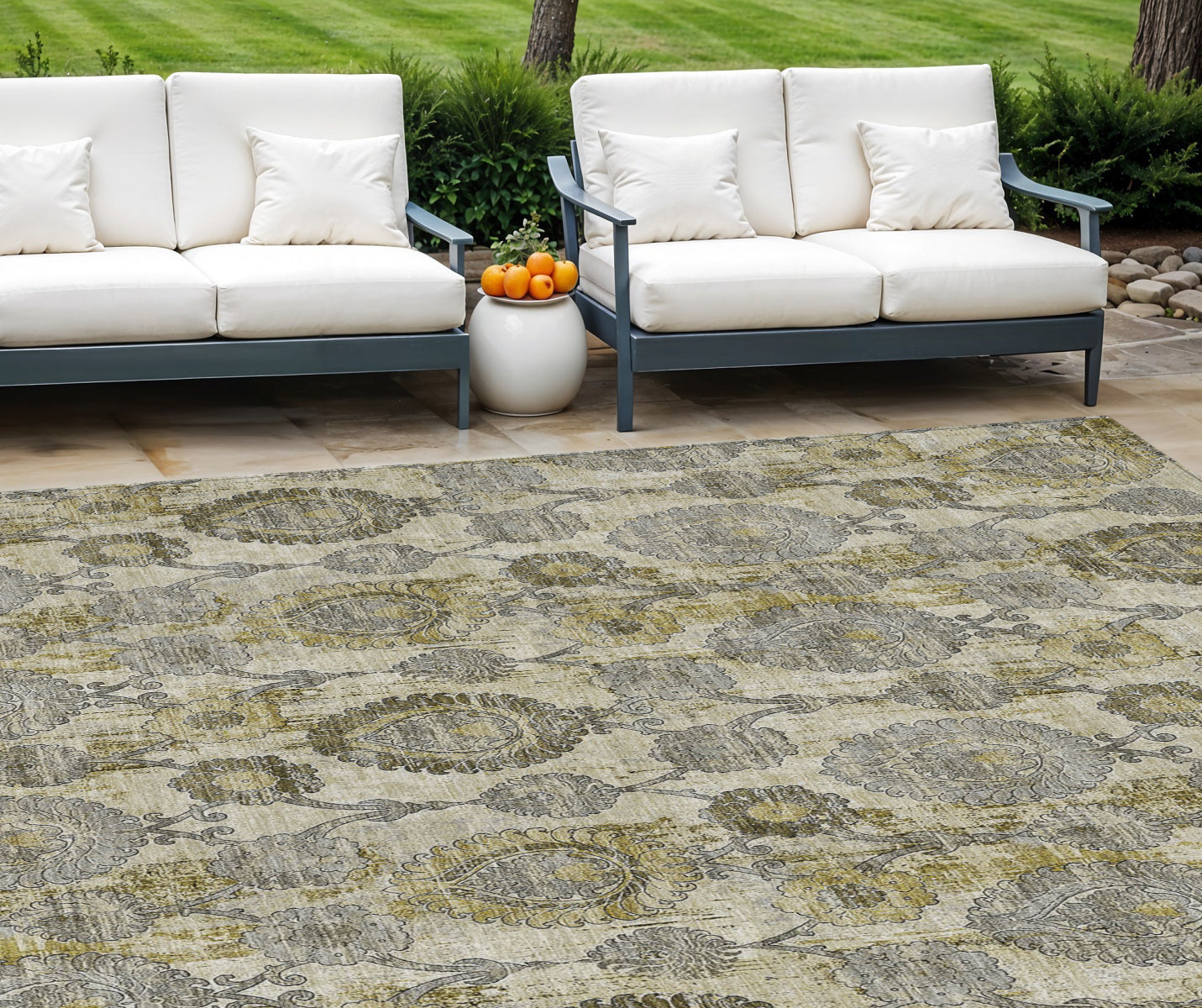 9' X 12' Khaki Beige And Gold Damask Washable Indoor Outdoor Area Rug