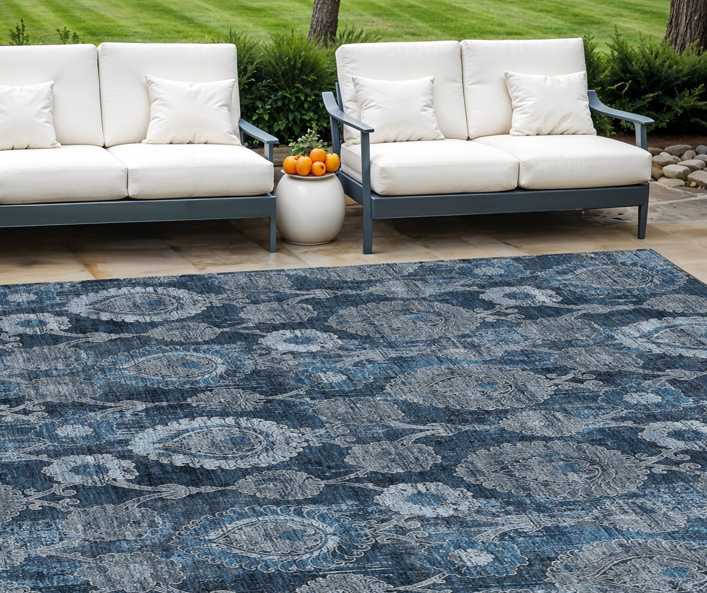 9' X 12' Navy Blue And Denim Blue Damask Washable Indoor Outdoor Area Rug