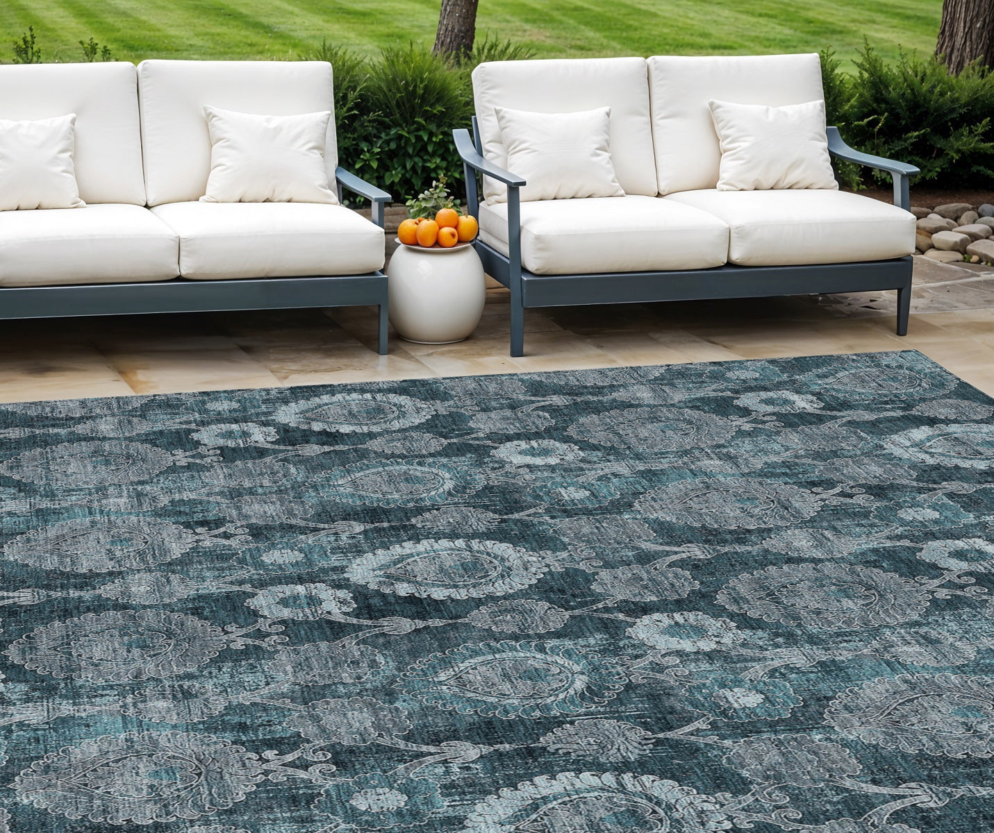9' X 12' Teal Blue And Sky Blue Damask Washable Indoor Outdoor Area Rug