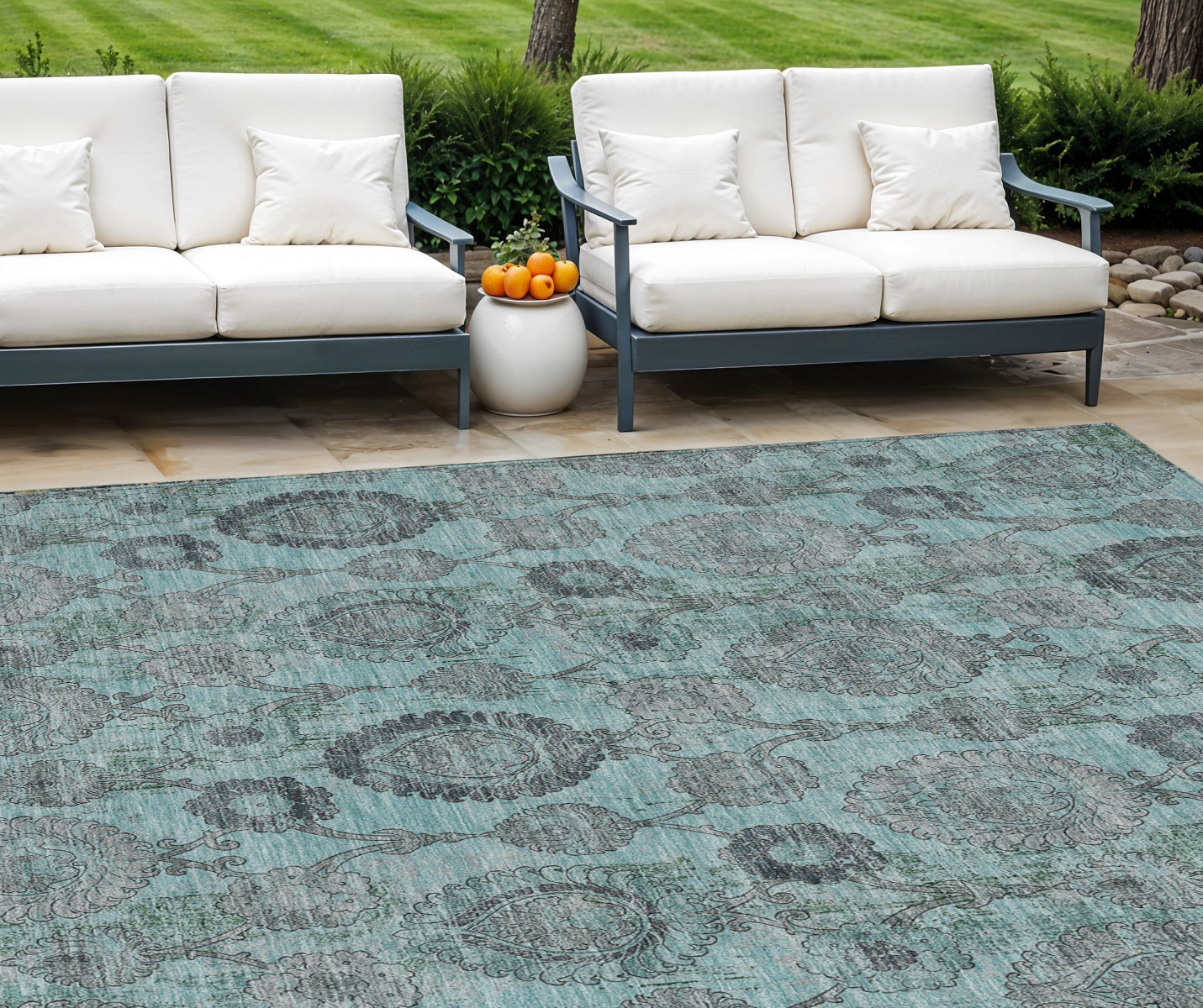 9' X 12' Turquoise Gray And Charcoal Damask Washable Indoor Outdoor Area Rug