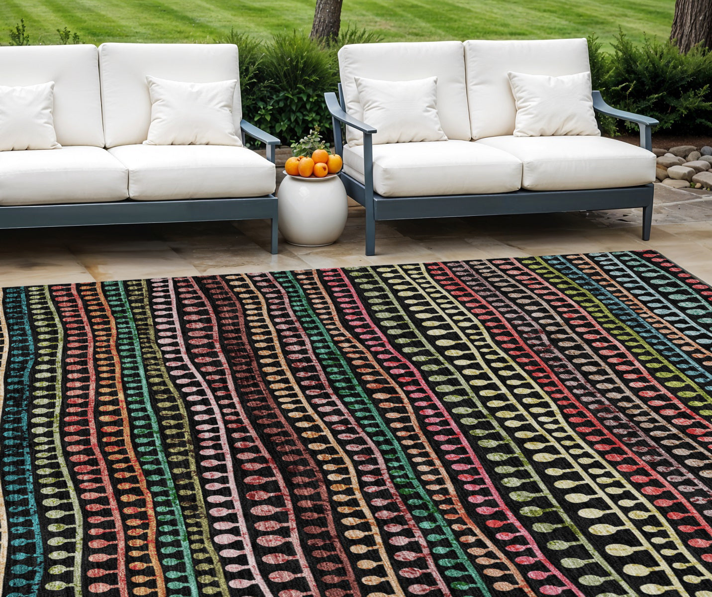 9' X 12' Black Green And Gold Striped Washable Indoor Outdoor Area Rug