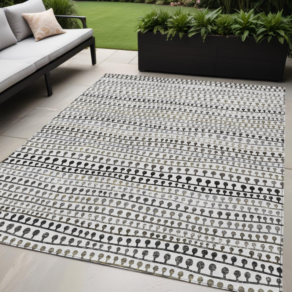 5' X 8' Ivory Taupe And Charcoal Striped Washable Indoor Outdoor Area Rug