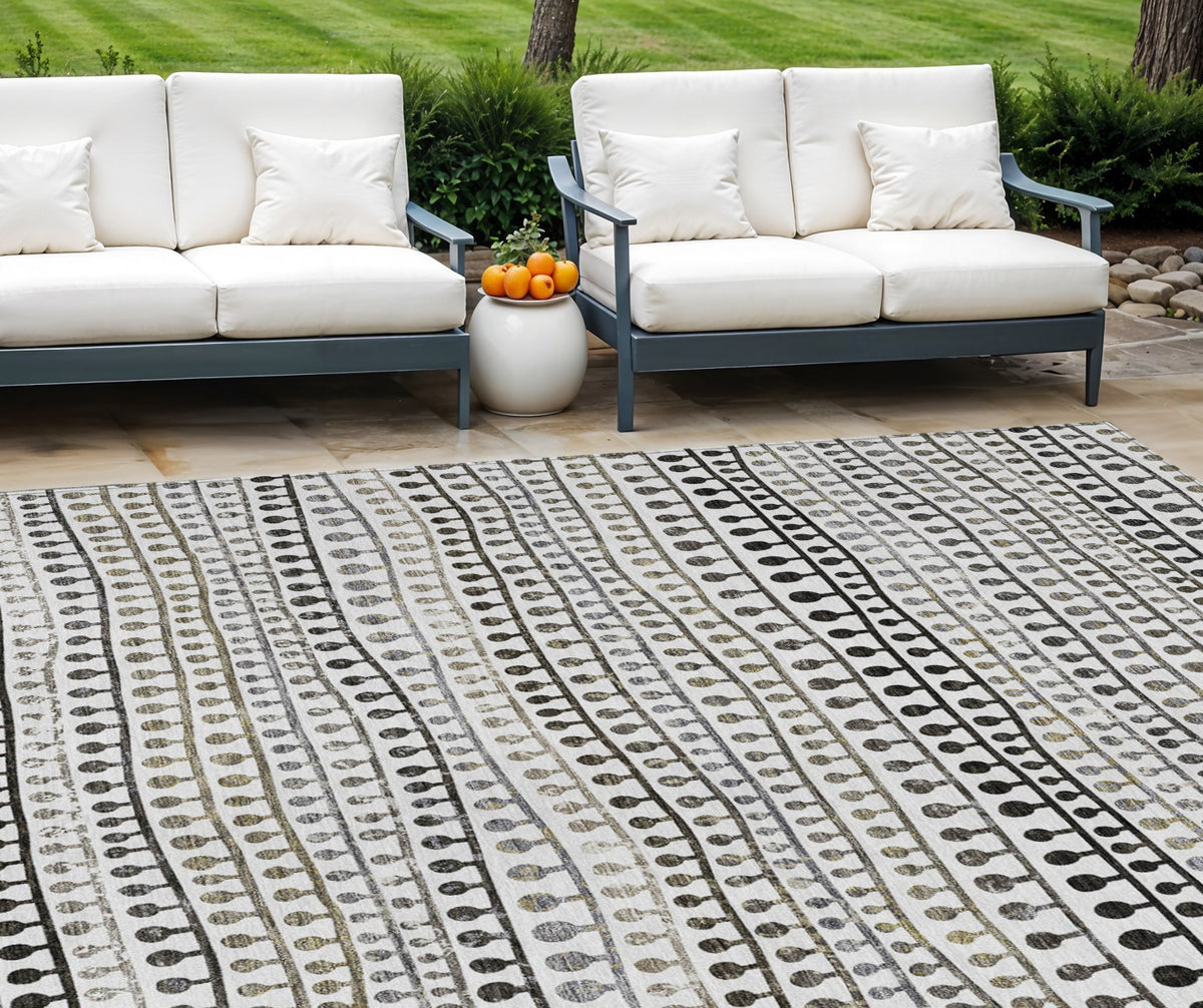 9' X 12' Ivory Taupe And Charcoal Striped Washable Indoor Outdoor Area Rug