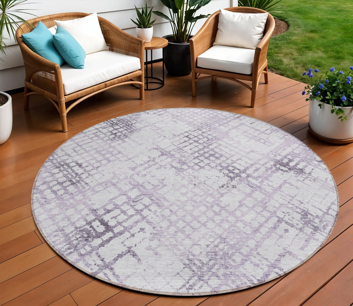 8' Purple Lavender And Silver Round Geometric Washable Indoor Outdoor Area Rug