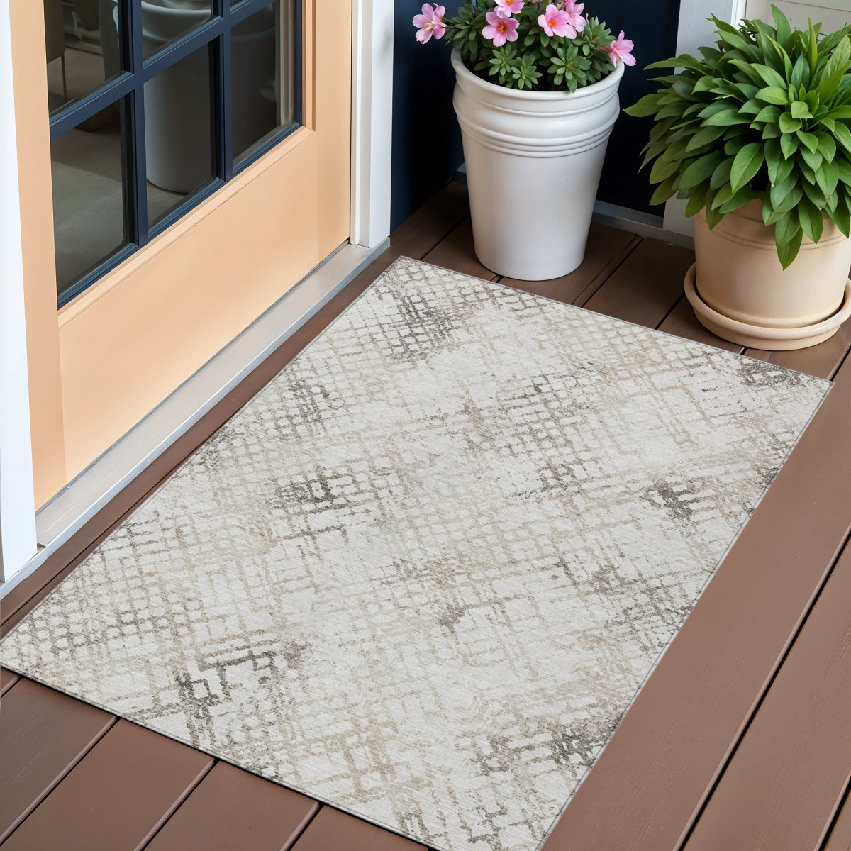 3' X 5' Taupe Beige And Brown Geometric Washable Indoor Outdoor Area Rug