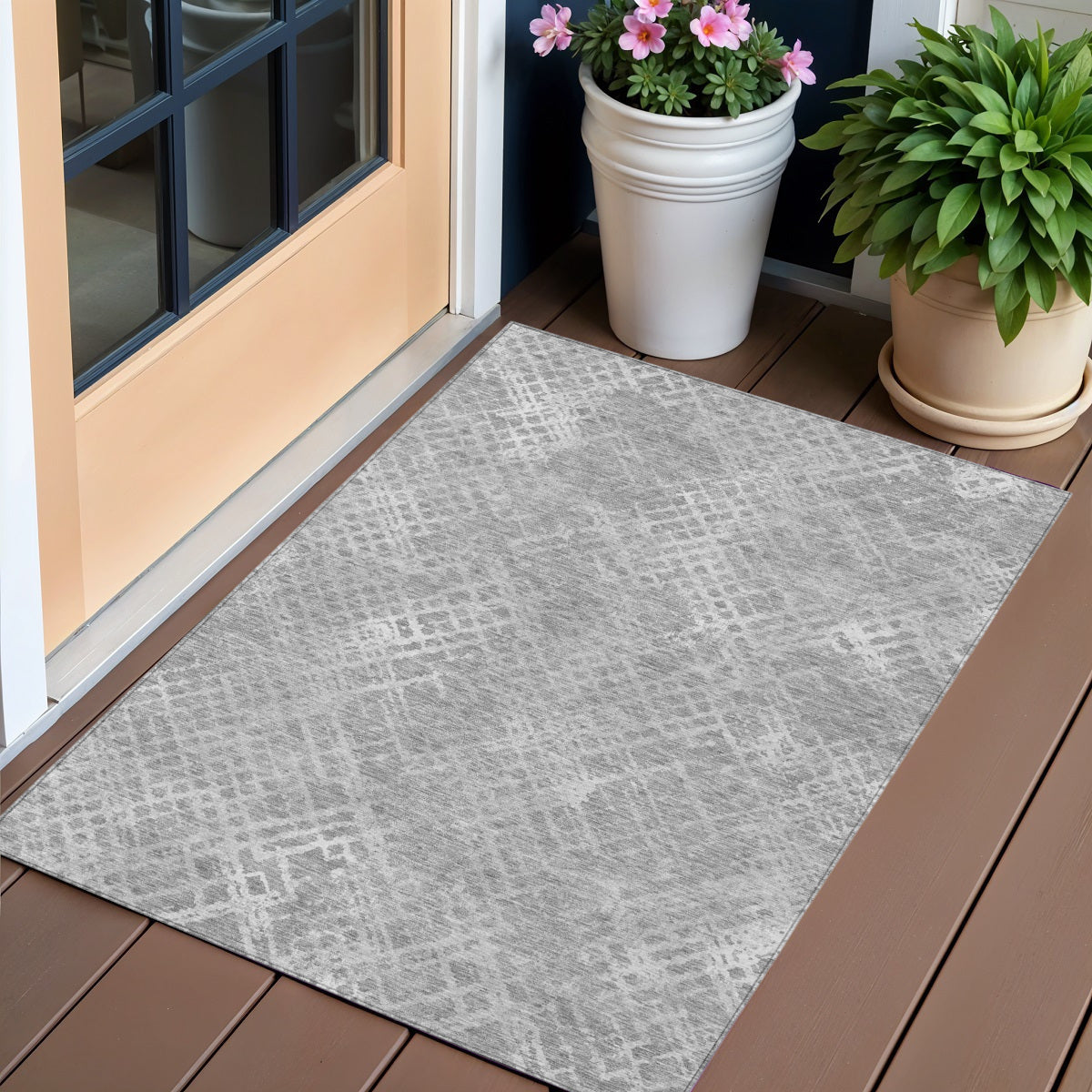 3' X 5' Gray And Silver Geometric Washable Indoor Outdoor Area Rug