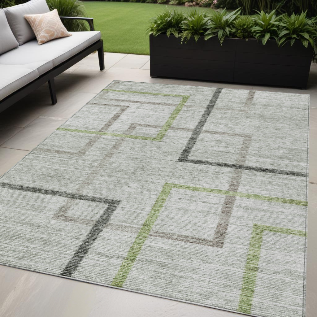 5' X 8' Green And Charcoal Geometric Washable Indoor Outdoor Area Rug
