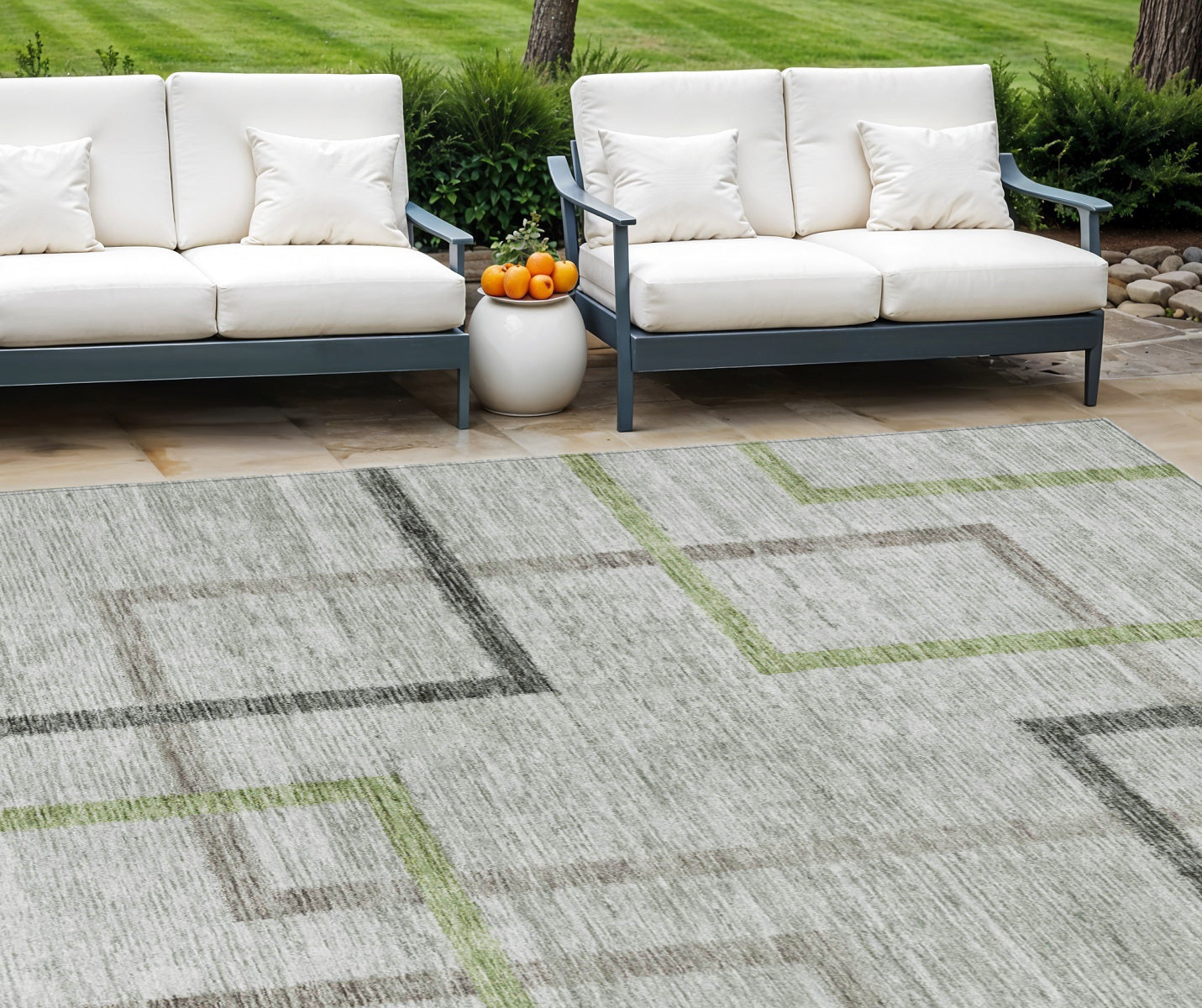 9' X 12' Green And Charcoal Geometric Washable Indoor Outdoor Area Rug