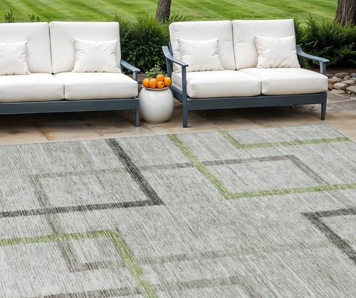 10' X 14' Green And Charcoal Geometric Washable Indoor Outdoor Area Rug
