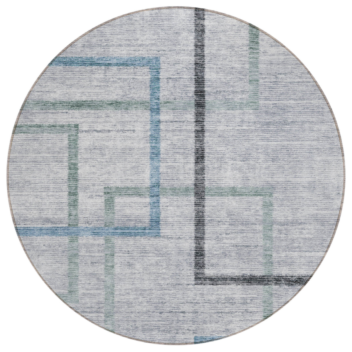 8' Gray Charcoal And Blue Round Geometric Washable Indoor Outdoor Area Rug