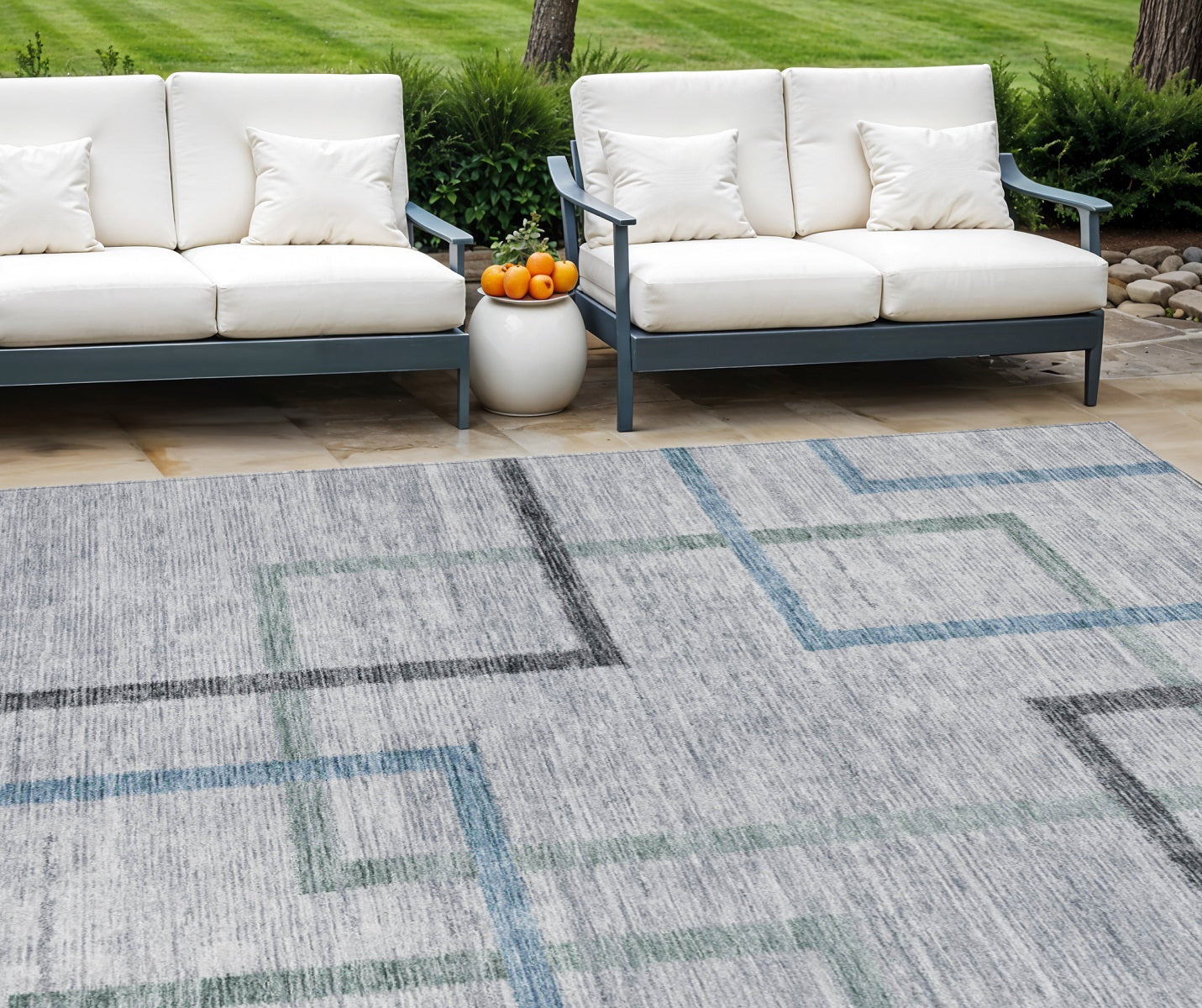 9' X 12' Gray Charcoal And Blue Geometric Washable Indoor Outdoor Area Rug