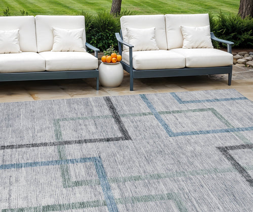 10' X 14' Gray Charcoal And Blue Geometric Washable Indoor Outdoor Area Rug
