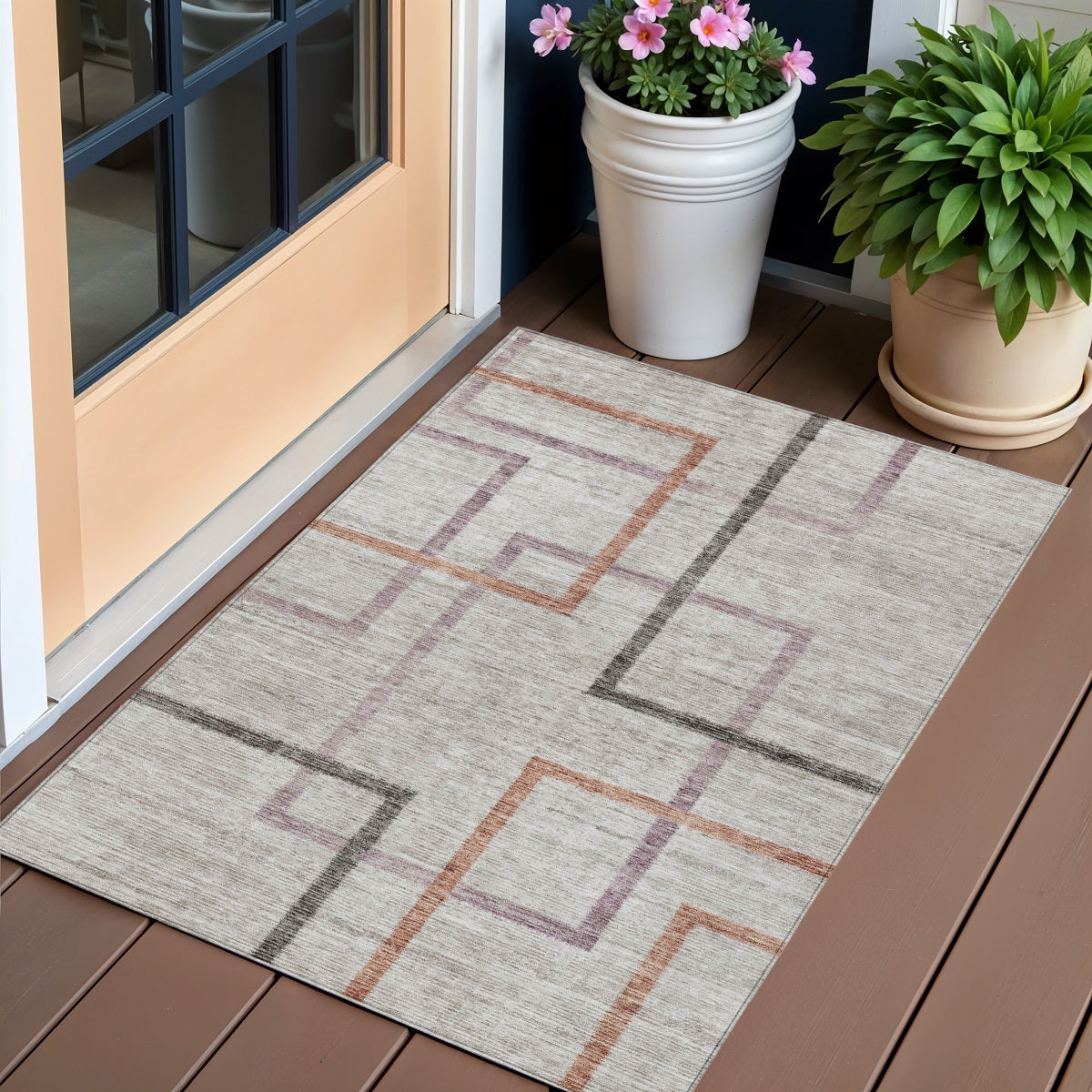 3' X 5' Taupe Charcoal And Copper Geometric Washable Indoor Outdoor Area Rug