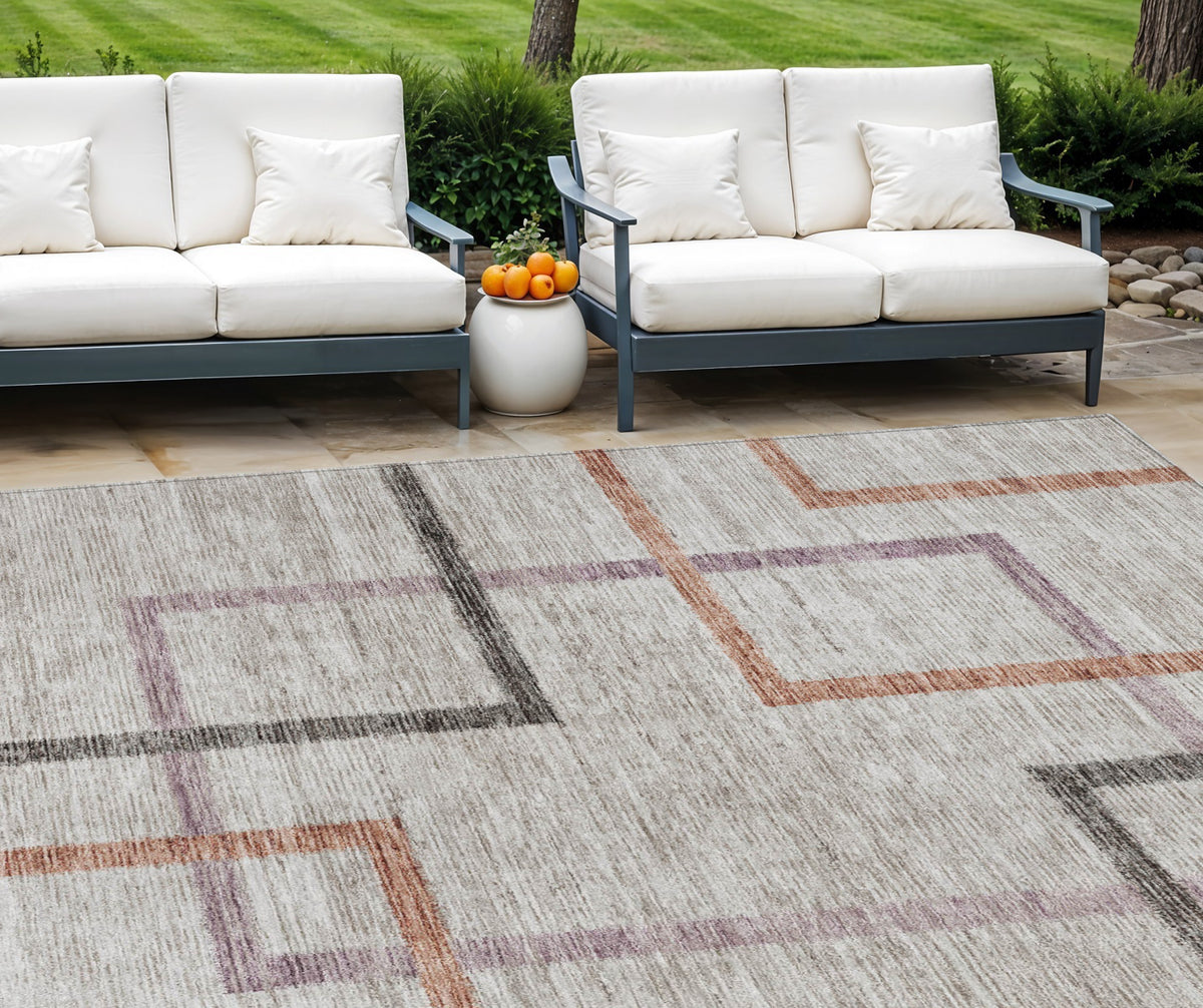 9' X 12' Taupe Charcoal And Copper Geometric Washable Indoor Outdoor Area Rug