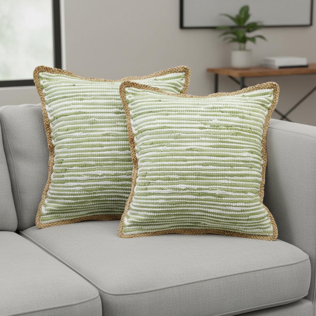 Set of Two 20 Inch Green Beach Striped Cotton Blend Throw Pillows
