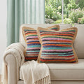 Set of Two 20 Blue Red And Natural Striped Cotton And Jute Throw Pillows
