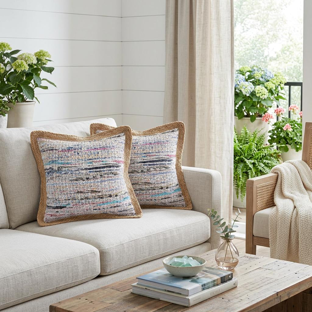 Set of Two 20 Aqua Ivory And Natural Striped Cotton And Jute Throw Pillows with Texture