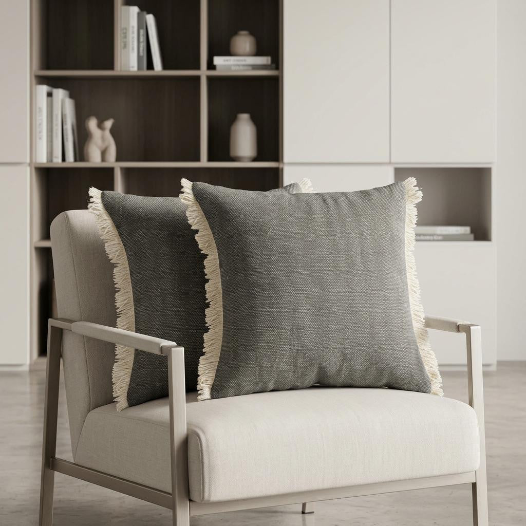 Set of Two 20 Gray And Off White Cotton Throw Pillows with Fringe