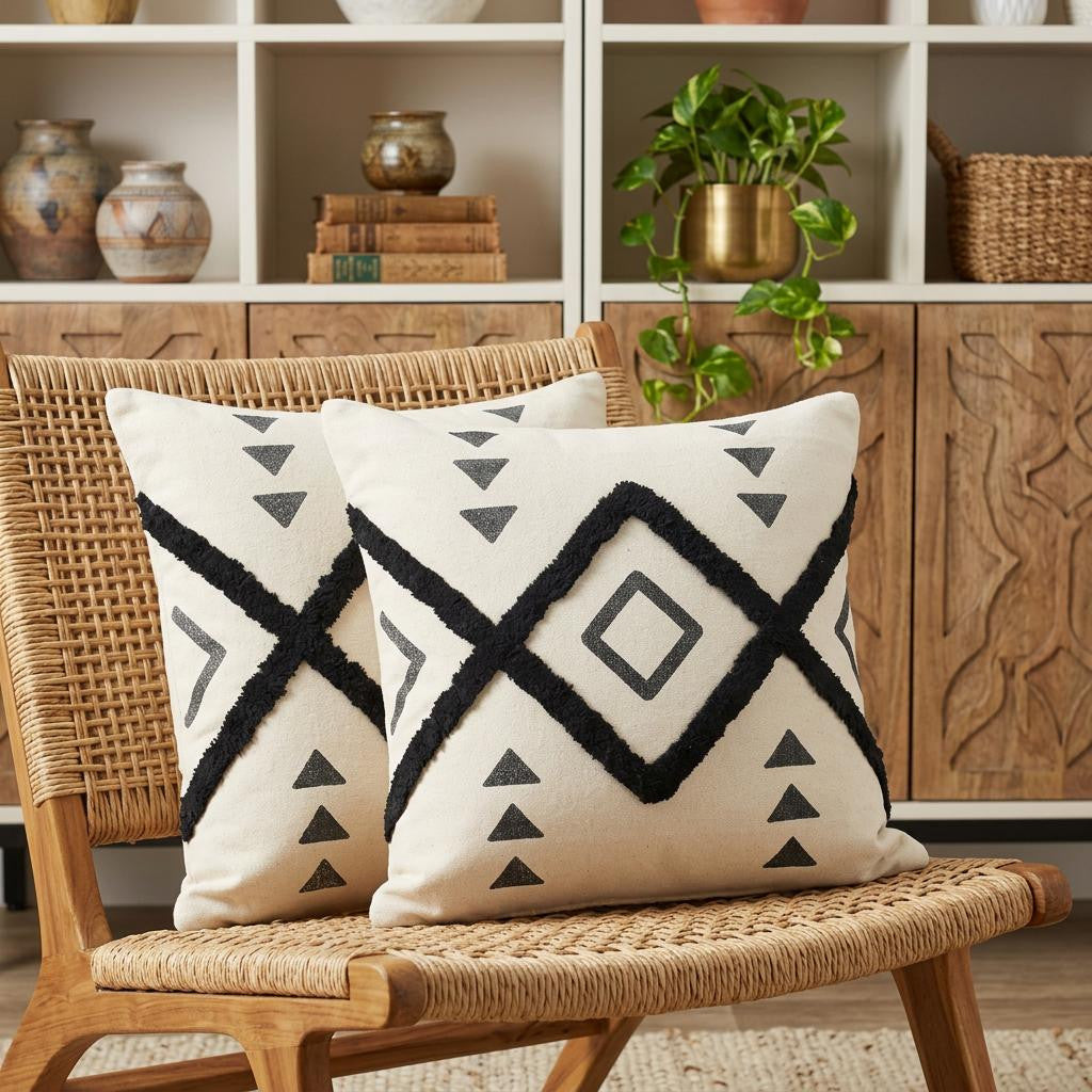 Set of Two 20 Natural And Black Geometric Cotton Throw Pillows with Texture