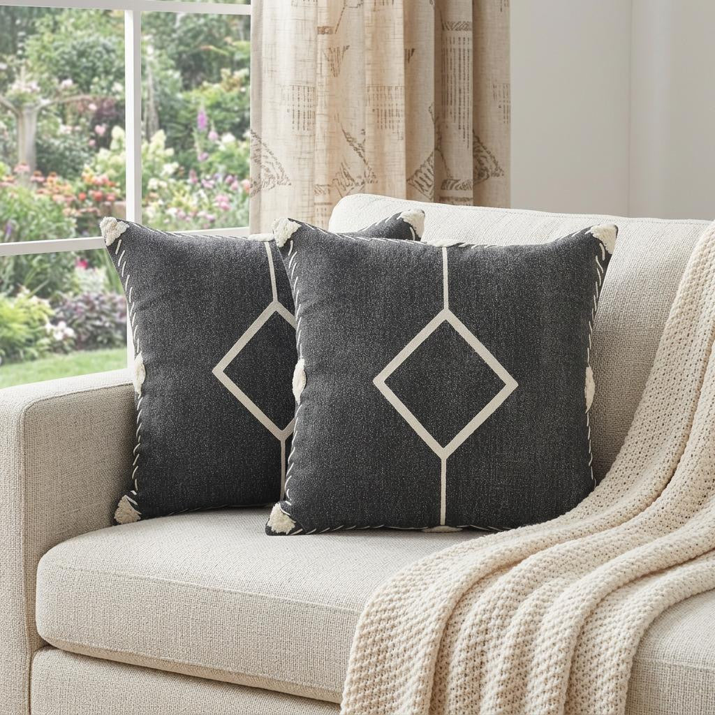Set of Two 20 Black And Off White Diamond Cotton Throw Pillows