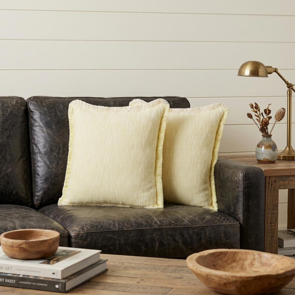 Set of Two 20 Lemon Cotton Throw Pillows with Fringe