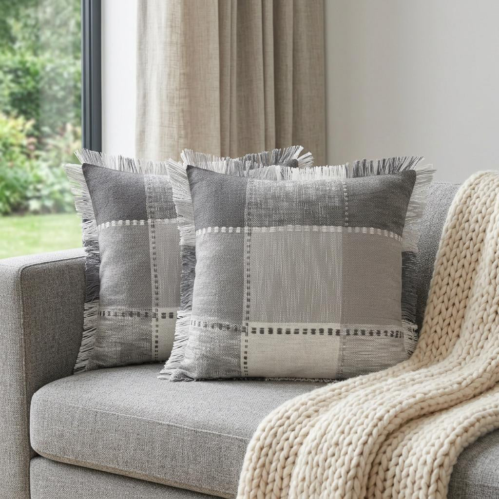 Set of Two 20 Gray And Off White Plaid Cotton Blend Throw Pillows with Fringe