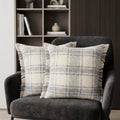 Set of Two 20 Off White And Gray Plaid Cotton Throw Pillows with Fringe